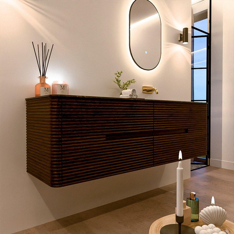 Mondiaz CIRO-DLUX Ensemble de meubles de salle de bains - 160x45x50cm - lavabo solid surface Lava - 1 vasque à droite - sans trous de robinet - 4 tiroirs - Noyer SW1530151