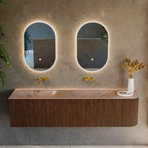 MONDIAZ KURVE-DLUX meuble de salle de bains 175cm arrondi droit couleur noyer avec 2 tiroirs et 1 porte. Lavabo STOR SMALL double / gauche sans trou de robinet Arena. SW1431257