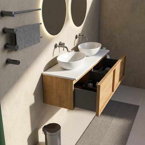 Saniclass Holz Frame Ensemble meuble de salle de bains - 140x45x42.5cm - Plan de travail Torino en solid surface blanc - sans trou de robinet - 2 tiroirs - chêne naturel mat (bois) SW1478720