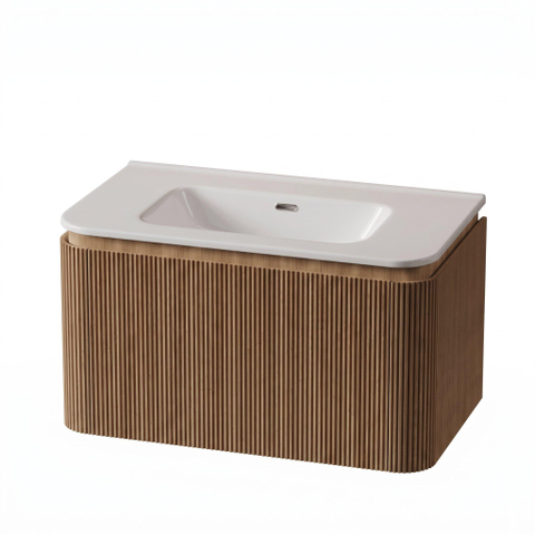 Royal Plaza Terra Edge Ensemble meuble de salle de bains - 80x45.5x46cm - vasque en céramique blanc brillant - 1 vasque - 1 trou de robinet - 2 tiroirs - sandwood (chêne clair) SW1471930