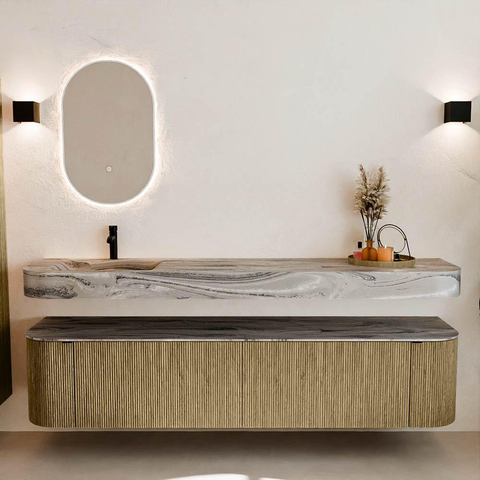 MONDIAZ THOR-DLUX 200cm meuble de salle de bains arrondi gauche + droite couleur Dusk avec 2 tiroirs et 2 portes. Vasque suspendue CLOUD gauche 1 trou de robinet couleur Sombra. SW1467272