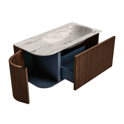 MONDIAZ KURVE-DLUX 95cm badmeubel ronding Links kleur Walnut met 1 lade en 1 deur. Wastafel BIG SMALL Rechts 1 kraangat Nata. SW1432172