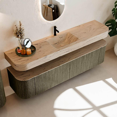 MONDIAZ THOR-DLUX Meuble de salle de bains 190cm arrondi gauche + droite couleur Shadow avec 2 tiroirs et 2 portes. Vasque suspendue CLOUD Milieu 1 trou de robinet couleur Arena. SW1466615