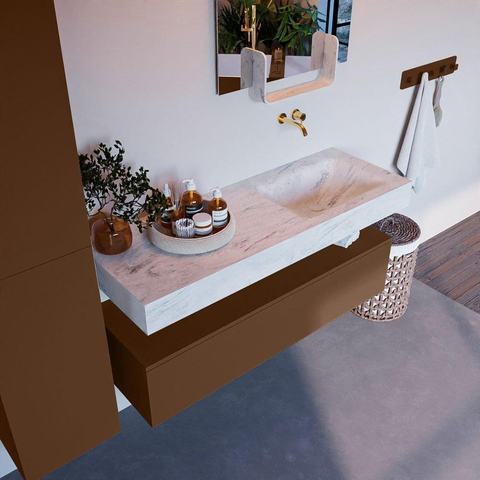 Mondiaz ALAN-DLUX Ensemble de meuble - 130cm - meuble Rust mat - 1 tiroir - Lavabo Cloud Opalo suspendu - vasque Droite - 0 trous de robinet SW806482