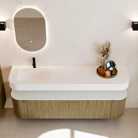 MONDIAZ THOR Meuble de salle de bains 180cm arrondi gauche + droite couleur Dusk avec 2 tiroirs et 2 portes. Vasque suspendue CLOUD Gauche 1 trou de robinet couleur Talc. SW1465965