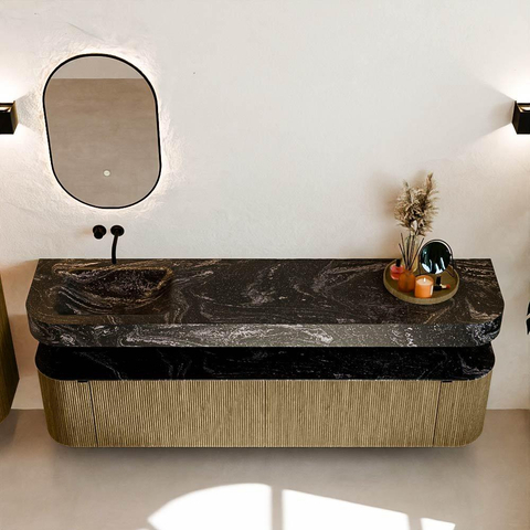 MONDIAZ THOR-DLUX Meuble de salle de bains - 200cm - arrondi gauche + droite - couleur Dusk - 2 tiroirs - 2 portes - Vasque suspendue CLOUD gauche sans trou de robinet - couleur Lava SW1466840