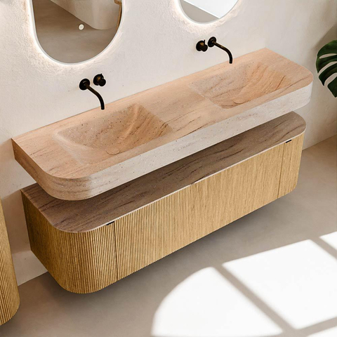 MONDIAZ THOR-DLUX 160cm meuble de salle de bains arrondi gauche + droite couleur Oak avec 1 tiroir et 2 portes. Vasque suspendue CLOUD Double sans trou de robinet couleur Saba. SW1467729