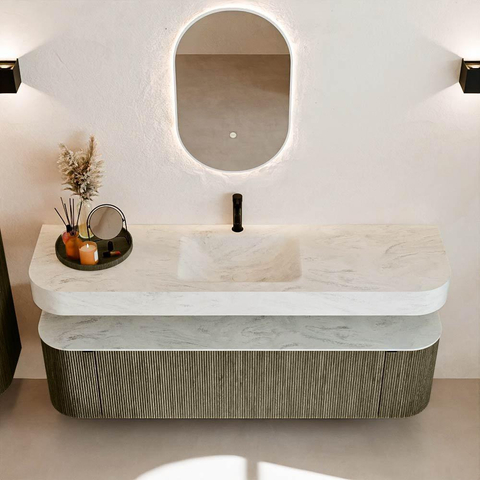 MONDIAZ THOR-DLUX 170cm meuble de salle de bains arrondi gauche + droite couleur Shadow avec 1 tiroir et 2 portes. Vasque suspendue CLOUD Milieu 1 trou de robinet couleur Opalo. SW1465538