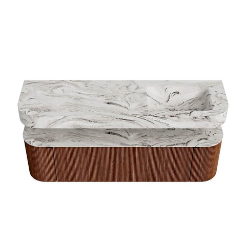 MONDIAZ THOR-DLUX 160cm meuble de salle de bains arrondi gauche + droite couleur Ruby avec 1 tiroir et 2 portes. Vasque suspendue CLOUD Droite sans trou de robinet couleur Glace. SW1465178