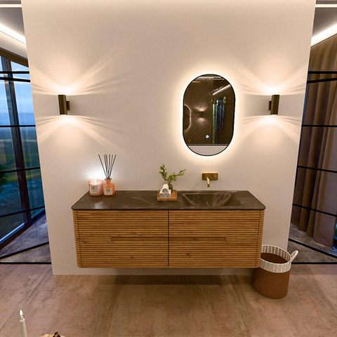 Mondiaz CIRO-DLUX Badkamermeubelset - 150x45x50cm - Solid surface wastafel Lava - 1 wasbak Rechts - zonder kraangaten - 4 lades - Oak SW1531101