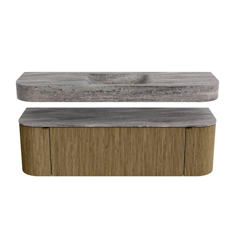 MONDIAZ THOR-DLUX 150cm meuble de salle de bains arrondi gauche + droite couleur Dusk avec 1 tiroir et 2 portes. Vasque suspendue CLOUD Milieu 1 trou de robinet couleur Oza. SW1464869