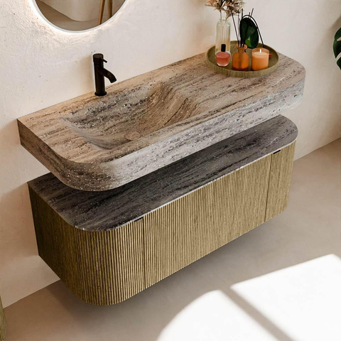 MONDIAZ THOR-DLUX 120cm meuble de salle de bains arrondi gauche + droite couleur Dusk avec 1 tiroir et 2 portes. Vasque suspendue CLOUD gauche 1 trou de robinet couleur Oza. SW1463457