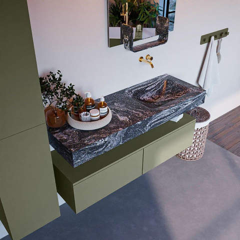 Mondiaz ALAN-DLUX Ensemble de meuble - 130cm - meuble Army mat - 2 tiroirs - Lavabo Cloud Lava suspendu - vasque Droite - 0 trous de robinet SW808592