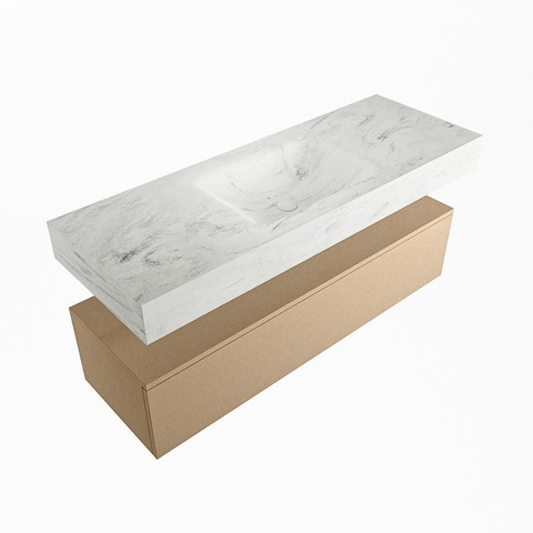 Mondiaz ALAN-DLUX Ensemble de meuble - 130cm - meuble Oro mat - 1 tiroir - Lavabo Cloud Opalo suspendu - vasque Centre - 0 trous de robinet SW807074