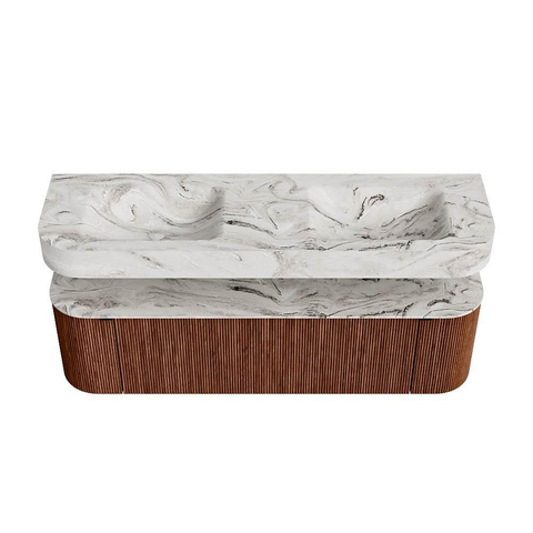MONDIAZ THOR-DLUX 160cm meuble de salle de bains arrondi gauche + droite couleur Ruby avec 1 tiroir et 2 portes. Vasque suspendue CLOUD Double sans trou de robinet couleur Glace. SW1465176