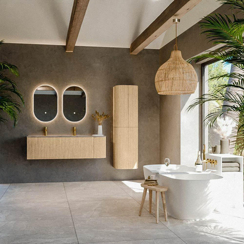 MONDIAZ KURVE-DLUX Meuble de salle de bains 145cm arrondi à droite couleur Chêne avec 1 tiroir et 1 porte. Lavabo BIG LARGE à gauche 2 trous de robinet Sombra. SW1433580