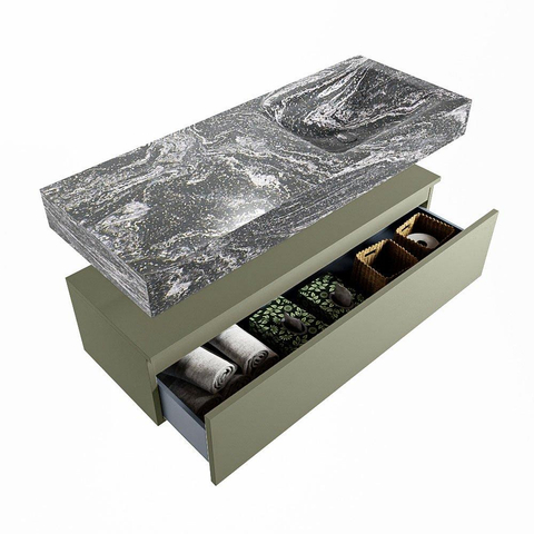Mondiaz ALAN-DLUX Ensemble de meuble - 120cm - meuble Army mat - 1 tiroir - Lavabo Cloud Lava suspendu - vasque Droite - 0 trous de robinet SW808438