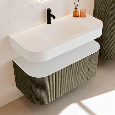 MONDIAZ THOR 100cm meuble de salle de bains arrondi gauche + droite couleur Shadow avec 1 tiroir et 2 portes. Vasque suspendue CLOUD Milieu 1 trou de robinet couleur Talc. SW1467430