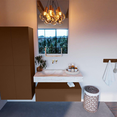 Mondiaz ALAN-DLUX Ensemble de meuble - 100cm - meuble Rust mat - 1 tiroir - Lavabo Cloud Frappe suspendu - vasque Gauche - 0 trous de robinet SW805069