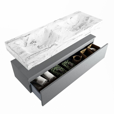 Mondiaz ALAN-DLUX Ensemble de meuble - 130cm - meuble Plata mat - 1 tiroir - Lavabo Cloud Glace suspendu - vasque Gauche et droite - 2 trous de robinet SW805881