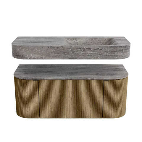 MONDIAZ THOR-DLUX 110cm meuble de salle de bains arrondi gauche + droite couleur Dusk avec 1 tiroir et 2 portes. Vasque suspendue CLOUD Droite 1 trou de robinet couleur Oza. SW1463018