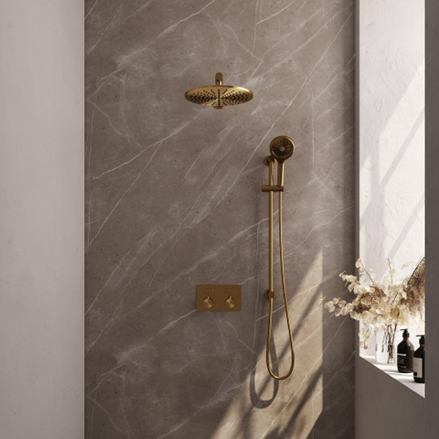 BRAUER Gold Edition Douche de pluie thermostatique encastrée - boutons-poussoirs - SET 68 - pomme de douche 30cm - bras mural droit - douchette 3 jets - flexible de douche - barre de douche intégrée - or brossé PVD SW925671