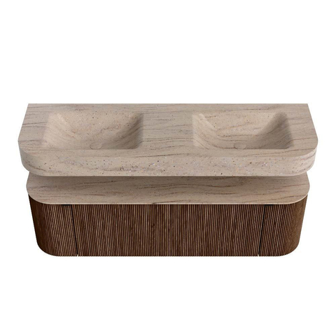 MONDIAZ THOR-DLUX 150cm badmeubel ronding links + rechts kleur Walnut met 1 lade en 2 deuren. Vrijhangende wastafel CLOUD Dubbel 2 kraangaten kleur Saba. SW1465061