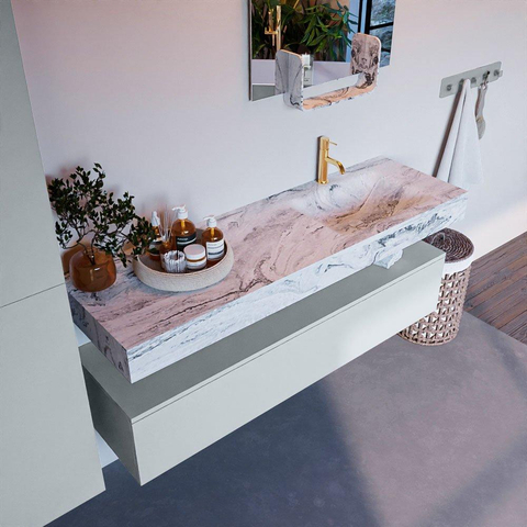 Mondiaz ALAN-DLUX Ensemble de meuble - 150cm - meuble Clay mat - 1 tiroir - Lavabo Cloud Glace suspendu - vasque Droite - 1 trou de robinet SW806236