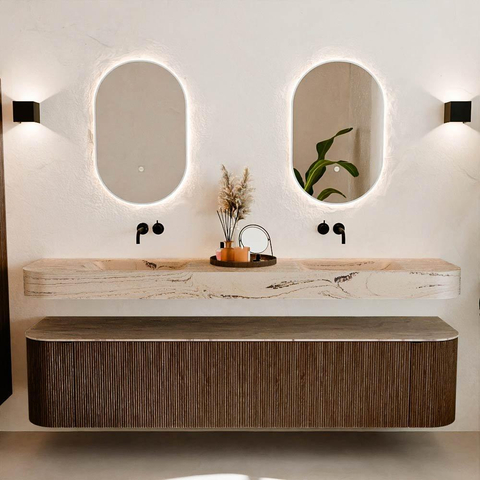 MONDIAZ THOR-DLUX 200cm meuble de salle de bains arrondi gauche + droite couleur Walnut avec 2 tiroirs et 2 portes. Vasque suspendue CLOUD Double sans trou de robinet couleur Arena. SW1467063