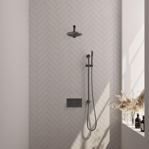 BRAUER gunmetal Carving Thermostatische Regendouche inbouw - drukknoppen - SET 61 - 20cm hoofddouche - rechte muurarm - staaf handdouche - doucheslang - geïntegreerde glijstang - gunmetal geborsteld PVD SW925698