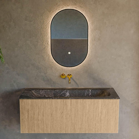 MONDIAZ KURVE-DLUX Meuble de salle de bains 110 cm couleur Oak avec 1 tiroir. Lavabo BIG MEDIUM centré sans trou de robinet couleur Lava. SW1137322