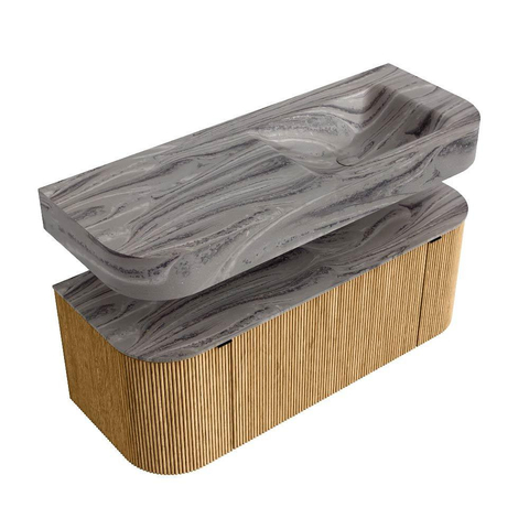 MONDIAZ THOR-DLUX 120cm badmeubel ronding links + rechts kleur Oak met 1 lade en 2 deuren. Vrijhangende wastafel CLOUD Rechts zonder kraangat kleur Sombra. SW1463649