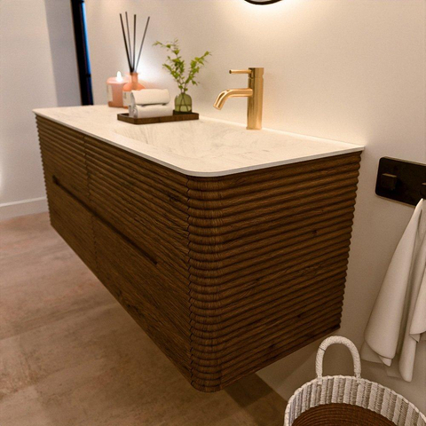 Mondiaz CIRO-DLUX Ensemble de meubles de salle de bains - 130x45x50cm - plan-vasque solid surface Opalo - 1 lavabo à droite - 1 trou de robinet - 4 tiroirs - Dusk SW1532948