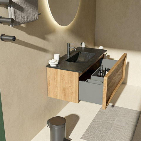 Saniclass Holz Frame Ensemble de meubles de salle de bains - 100x45x42cm - Vasque en céramique Vygo noire - 1 vasque - 1 trou de robinetterie - 1 tiroir - chêne natural mat (bois) SW1478973