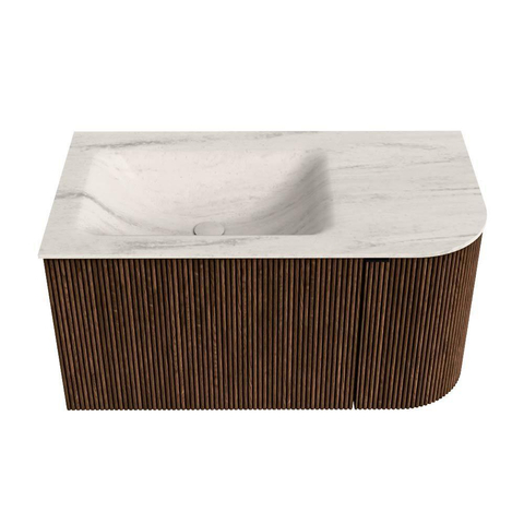 MONDIAZ KURVE-DLUX Meuble de salle de bains 85cm arrondi à droite couleur Walnut avec 1 tiroir et 1 porte. Lavabo CLOUD à gauche sans trou de robinet Meli. SW1432048