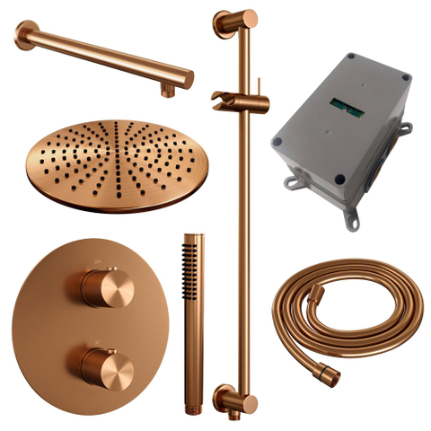 BRAUER Copper Carving douche de pluie encastrée thermostatique - 3 voies - ronde - set 86 - pomme de douche 30cm - bras mural droit - douchette barre - flexible de douche - barre de douche intégrée - cuivre brossé PVD SW1159096