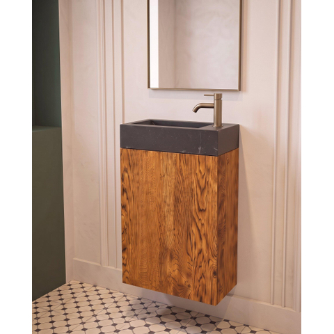 Saniclass Holz Pure Toiletmeubelset - 40x60.5cm - 1 deur - fontein natuursteen donker - kraangat rechts - walnut pure SW1577768