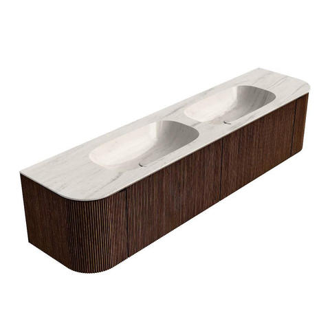 MONDIAZ KURVE-DLUX 190cm badmeubel ronding Links + Rechts kleur Walnut met 2 lades en 2 deuren. Wastafel STOR SMALL Dubbel zonder kraangat Meli. SW1431733