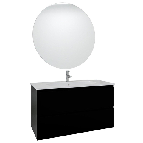 Saniclass Chaci Meuble de salle de bain - 100x46x55cm - lavabo en céramique blanc - 1 vasque ovale - 1 trou de robinet - 2 tiroirs - ronde miroir avec éclairage - noir mat SW816281