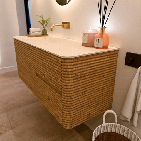 Mondiaz CIRO-DLUX Ensemble de meubles de salle de bains - 120x45x50cm - vasque en solid surface Meli - 1 lavabo à gauche - sans trous de robinet - 2 tiroirs - Chêne SW1531402