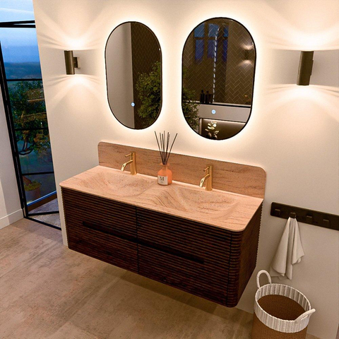 Mondiaz CIRO-DLUX Badkamermeubelset - 130x45x50cm - Solid surface wastafel Saba - 2 wasbak Dubbel - 2 kraangaten - 4 lades - Walnut SW1530666