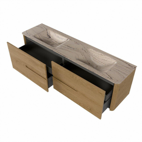 Mondiaz CIRO-DLUX Meuble de salle de bains - 180x45x50cm - Plan-vasque solid surface Arena - 2 vasques Double - 2 perçages de robinetterie - 4 tiroirs - Chêne SW1531369