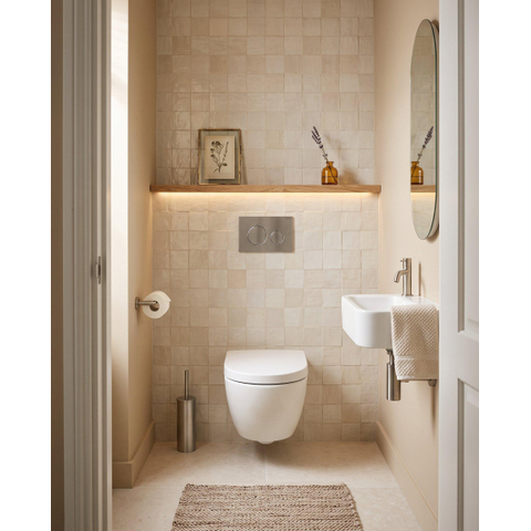 Pack WC QeramiQ Dely Swirl Compact - réservoir encastrable Geberit UP320 - avec bâti-support Burda - abattant 25 mm - plaque de commande en métal inox - boutons ronds - blanc brillant SW1592324