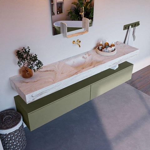 Mondiaz ALAN-DLUX Ensemble de meuble - 200cm - meuble Army mat - 2 tiroirs - Lavabo Cloud Frappe suspendu - vasque Centre - 0 trous de robinet SW804790