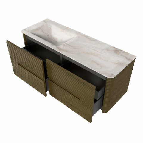 Mondiaz CIRO-DLUX Ensemble de meubles de salle de bains - 130x45x50cm - lavabo solid surface Frappe - 1 vasque à gauche - sans trous de robinet - 4 tiroirs - Dusk SW1532826