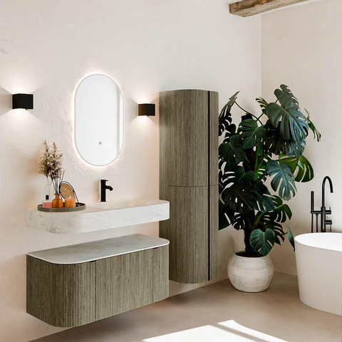 MONDIAZ THOR-DLUX 100cm meuble de salle de bains arrondi gauche + droite couleur Shadow avec 1 tiroir et 2 portes. Vasque suspendue CLOUD Droite 1 trou de robinet couleur Opalo. SW1467525