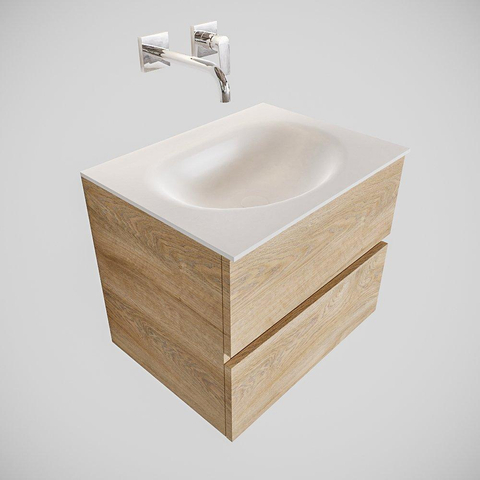 ENSEMBLE DE MEUBLE MONDIAZ VICA - 60cm - 2 tiroirs - lavabo Moon central - 0 trous de robinet - solid surface chêne blanchi SW409868