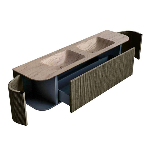 MONDIAZ KURVE-DLUX 170cm meuble de salle de bains arrondi Gauche + Droite couleur Shadow avec 1 tiroir et 2 portes. Lavabo LEAF Double 2 trous de robinet Saba. SW1433287