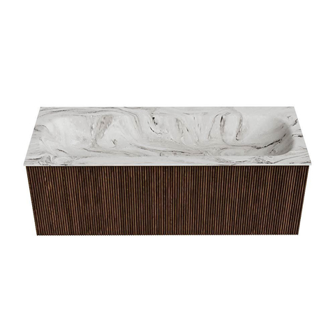 MONDIAZ KURVE-DLUX Meuble de salle de bains 120 cm couleur Walnut avec 1 tiroir. Vasque BIG LARGE centrale sans trou de robinet couleur Glace. SW1138075