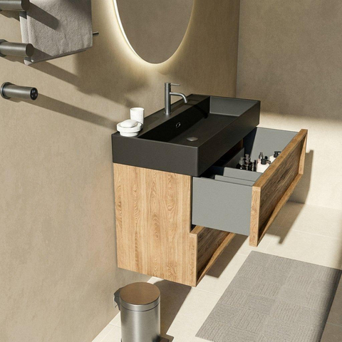 Saniclass Holz Frame Badkamermeubelset - 100x45x72cm - Legend keramische wastafel mat zwart - 1 wasbak - 1 kraangat - 2 lades - mat eiken natural (hout) SW1580100